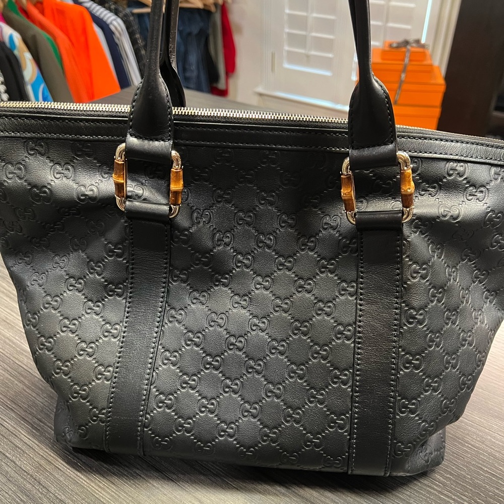 Black Embossed Leather Tote with Gold Accents